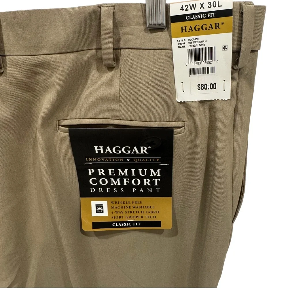 Haggar Premium Comfort Dress Pants 42x30 Wool Blend Med Khaki Classic Fit NWT - Picture 5 of 6